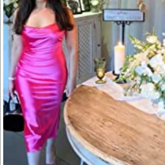Neon Pink Satin MIDI Slip Dress - Picture 4 of 6